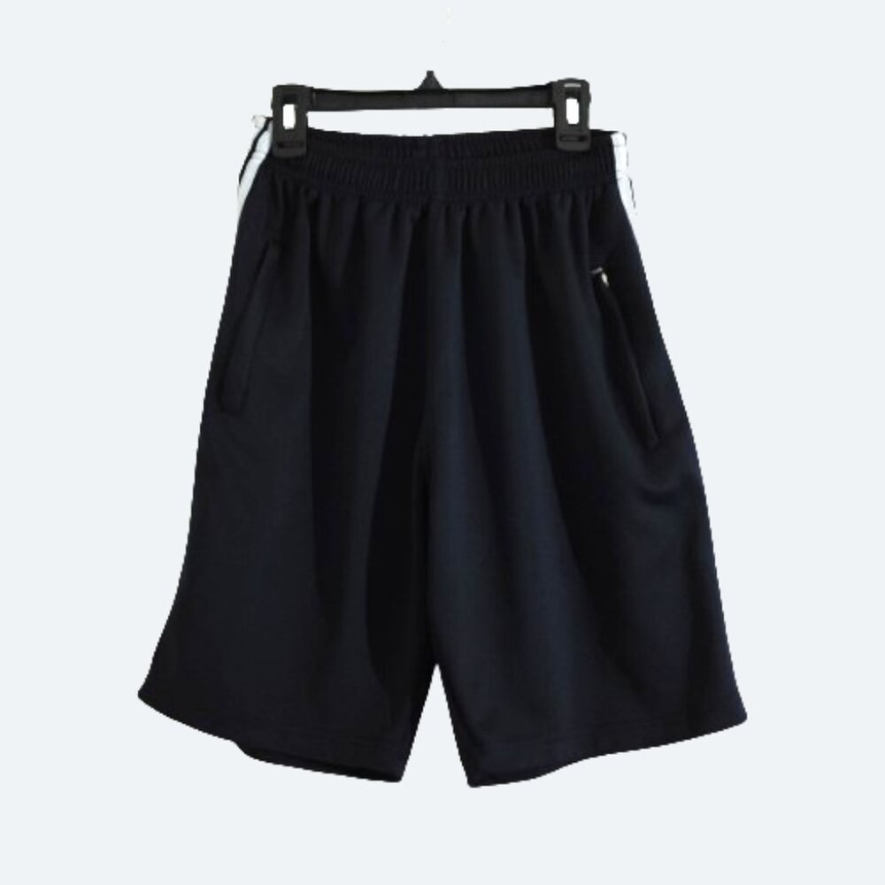 Navy jersey shorts with side white stripes